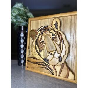 Wood intarsia art, Lions head made of solid wood